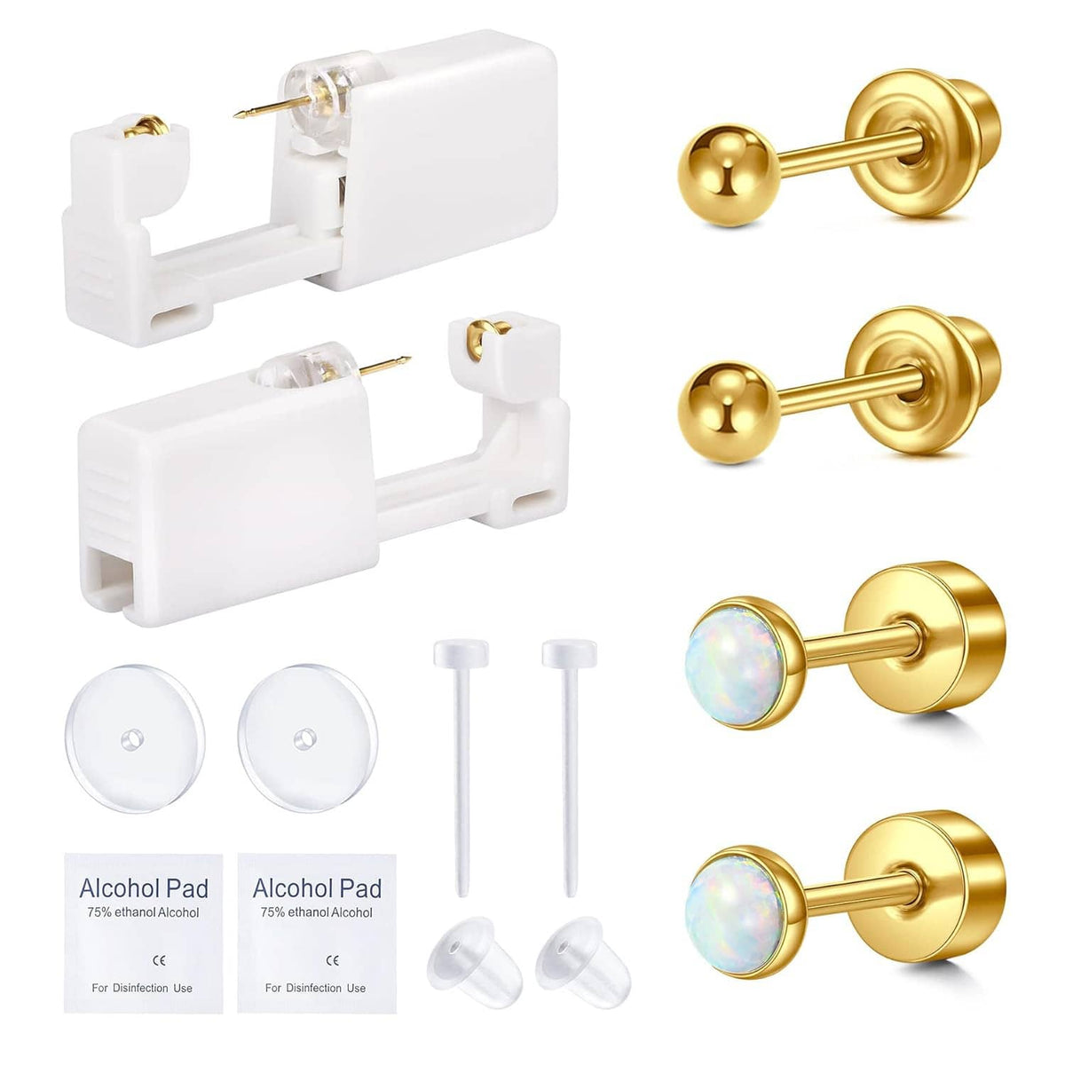 Gold ear piercing kit with white tool, round opal-look studs, alcohol swabs, guide needles