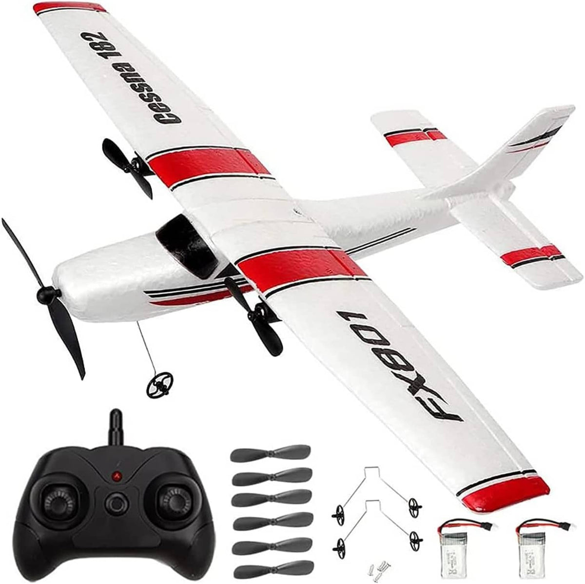 White and red RC airplane with black remote controller and included parts