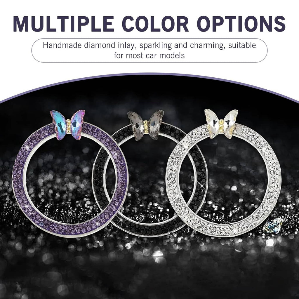 Set of rhinestone ignition trim rings in purple, silver, and white with butterfly charms