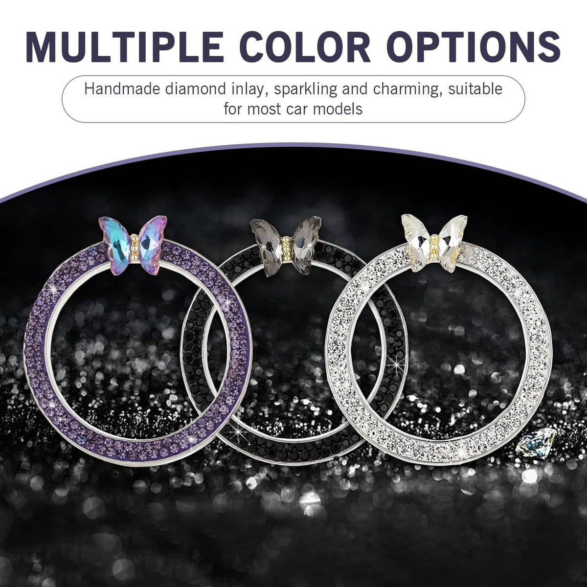 Set of rhinestone ignition trim rings in purple, silver, and white with butterfly charms