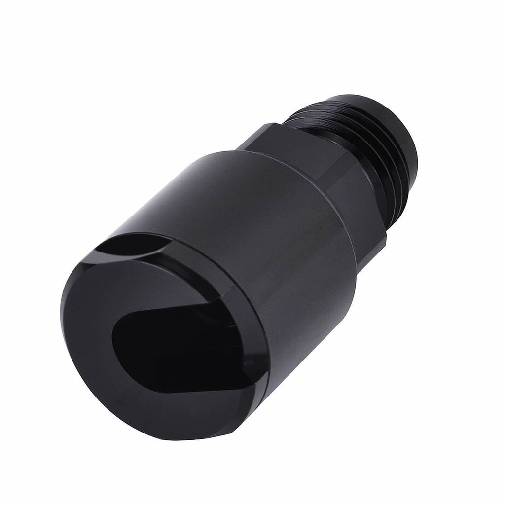 Black AN6 fuel adapter fitting with large circular end and external thread