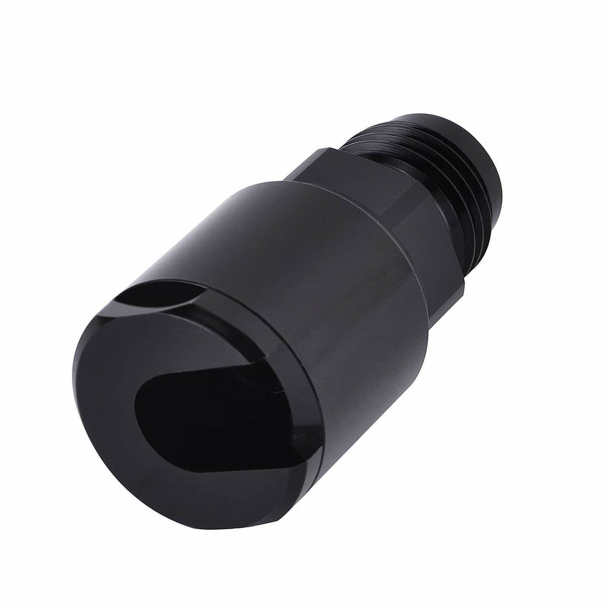 Black AN6 fuel adapter fitting with large circular end and external thread