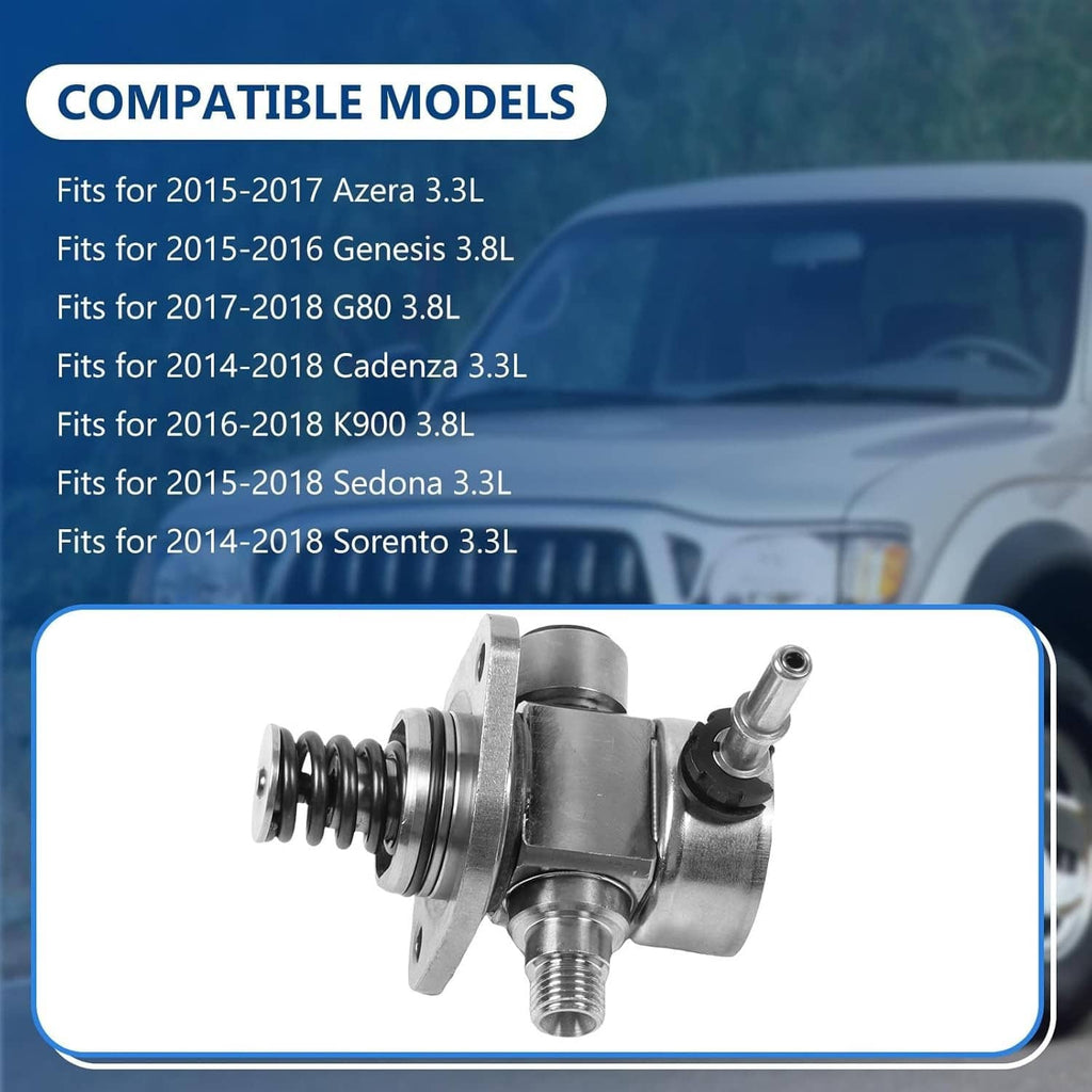 High pressure fuel pump with spring, flange mounting holes, and fuel fitting