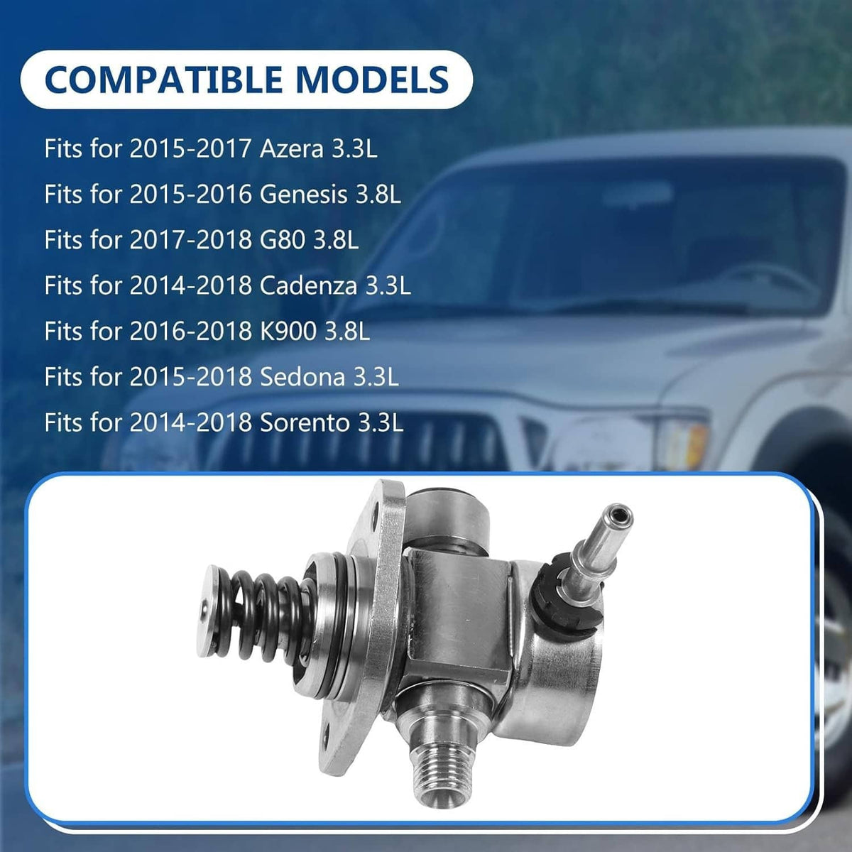 High pressure fuel pump with spring, flange mounting holes, and fuel fitting