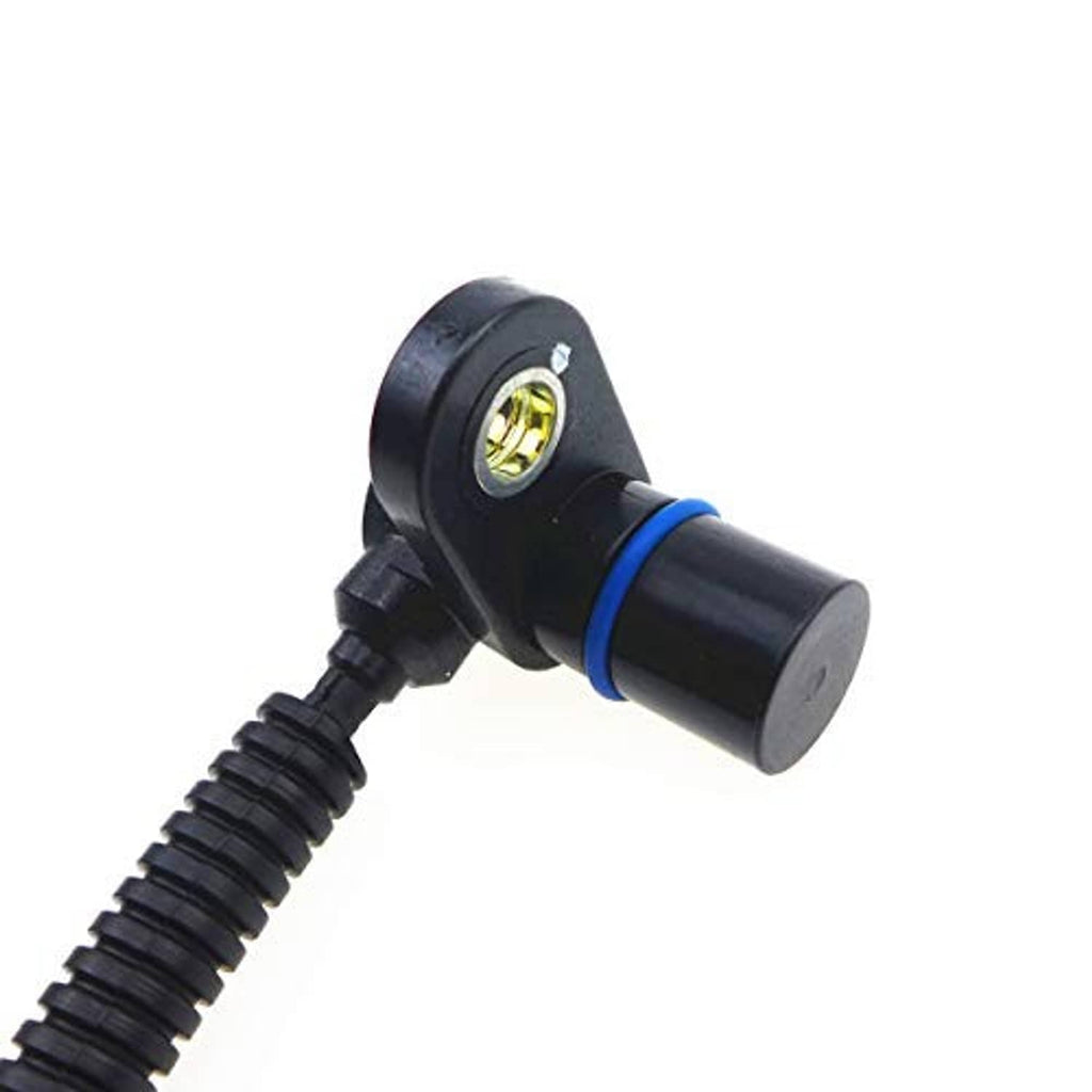 Crankshaft position sensor with round black mounting head, blue collar and ribbed cable