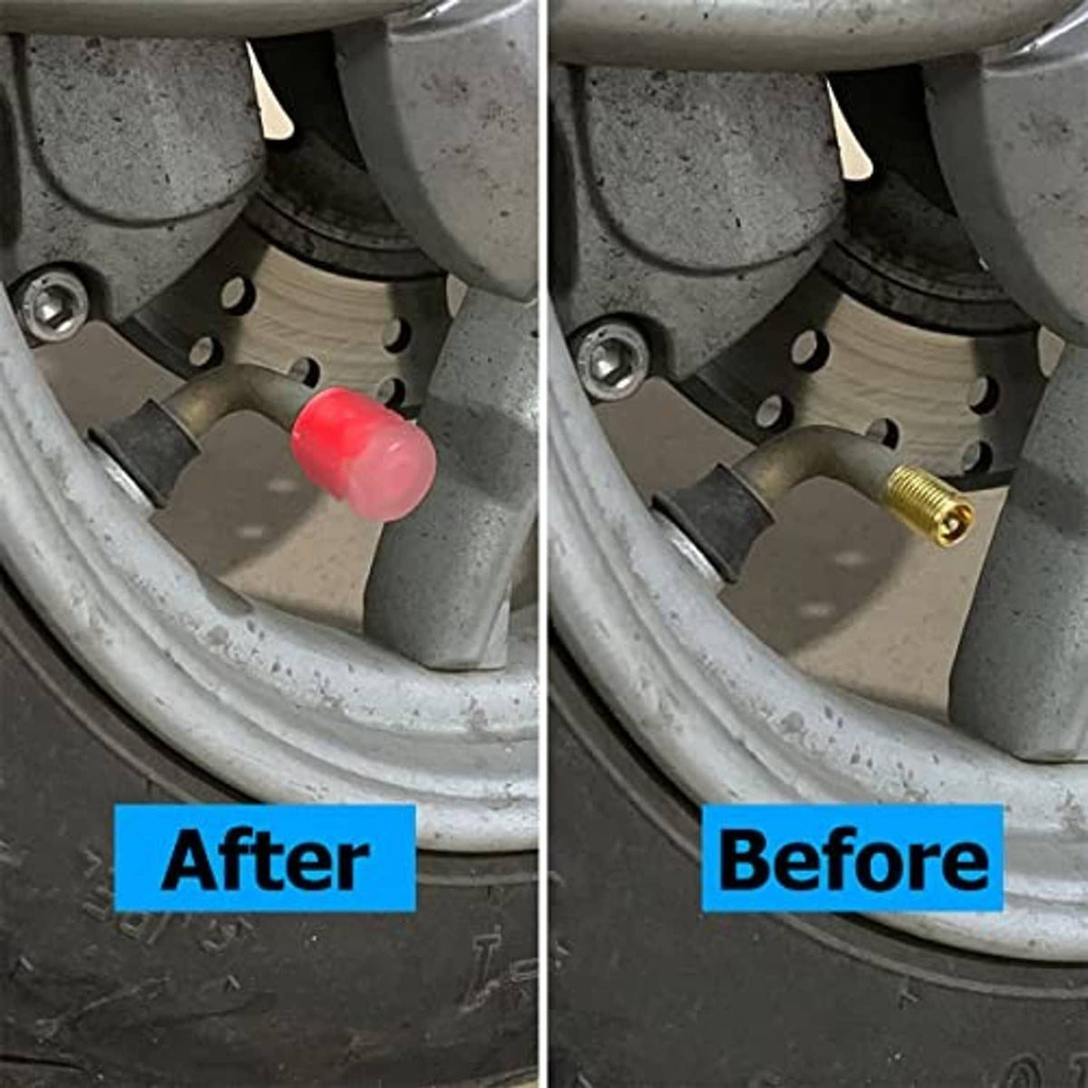 Red tire valve stem caps installed on wheel valve, before and after comparison