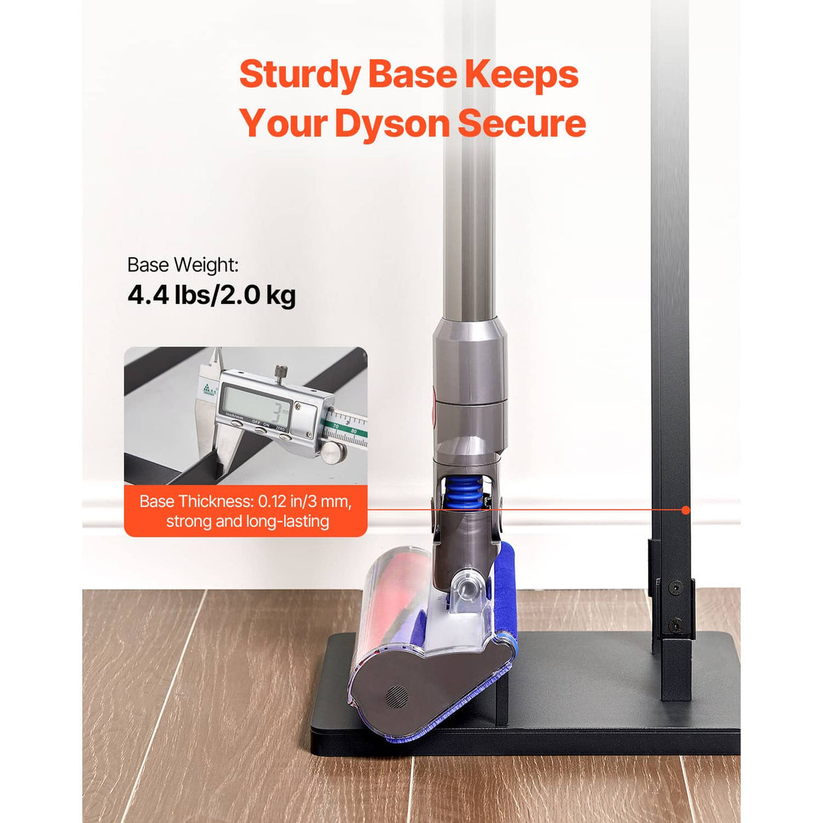 Black vacuum stand with sturdy wide flat base and tall vertical support frame