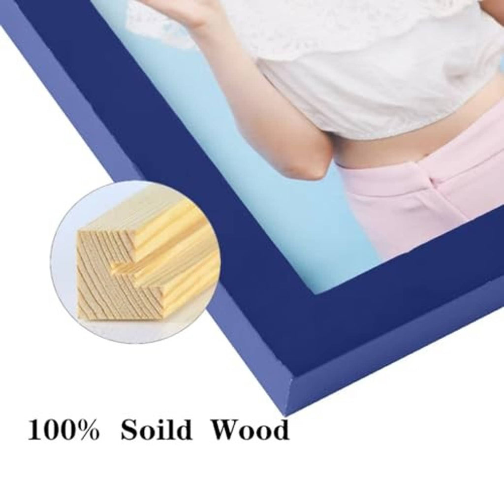 Dark blue solid wood frame corner with visible wood grain