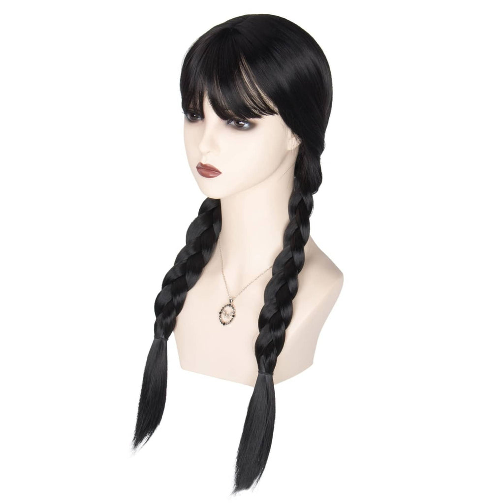 Black braided wig with bangs, long twin braids, side view