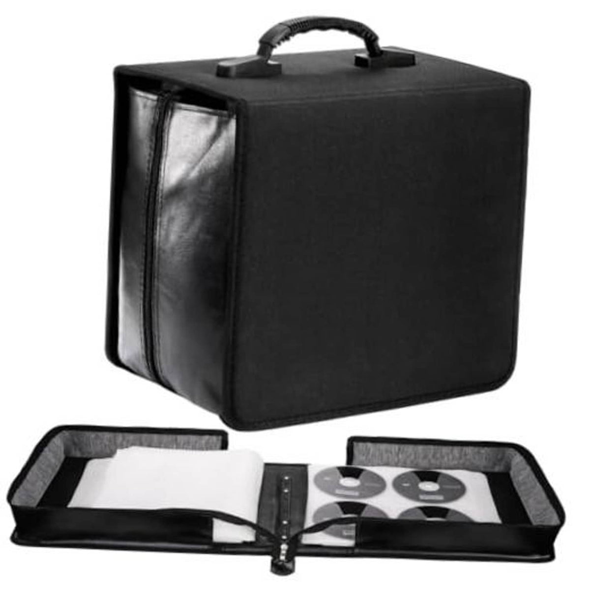 Black CD/DVD binder storage case with top handle and front zipper pocket