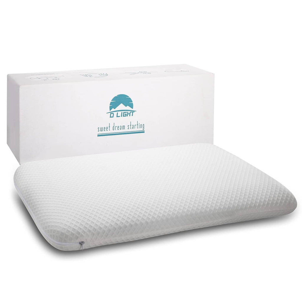 Thin white memory foam stomach-sleeping pillow with waffle-textured cover on base.