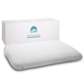 Thin white memory foam stomach-sleeping pillow with waffle-textured cover on base.