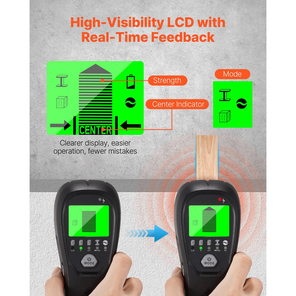 Black wall scanner with green LCD showing center and strength indicators