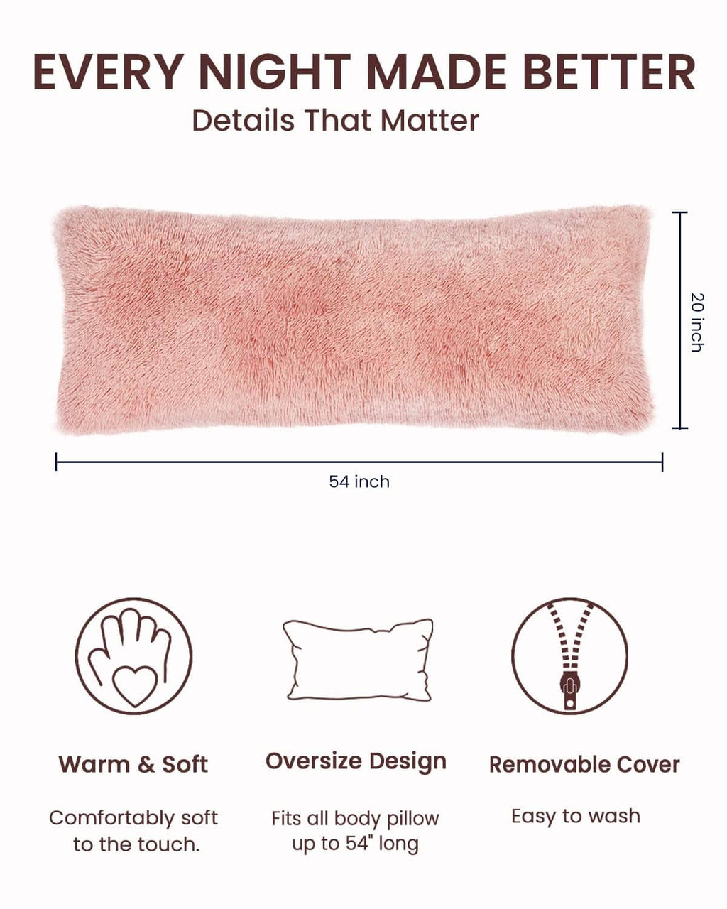 Pink fuzzy rectangular body pillow cover, 20 x 54 in dimensions