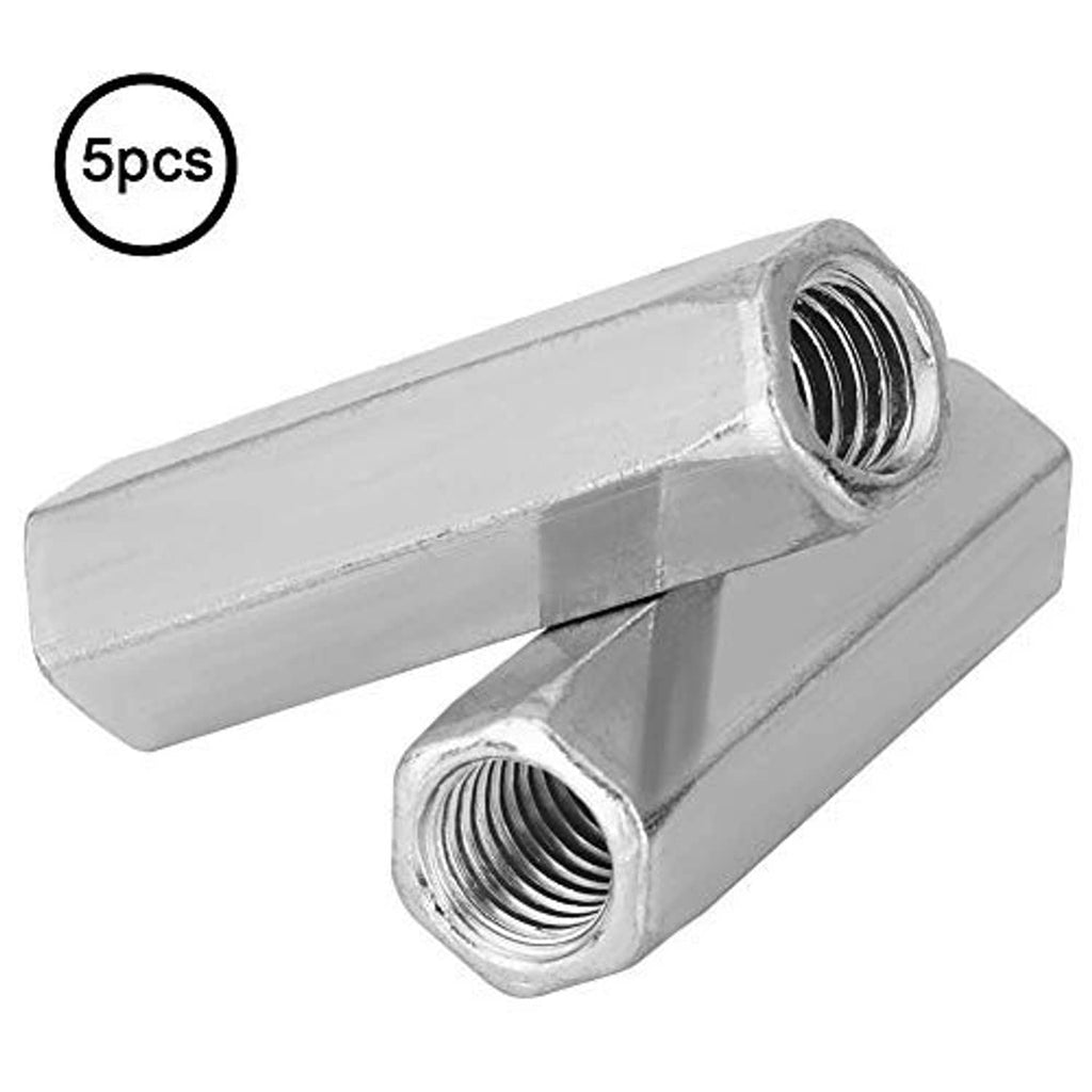 Hex coupling sleeve nut with two internal threaded ends, silver steel finish