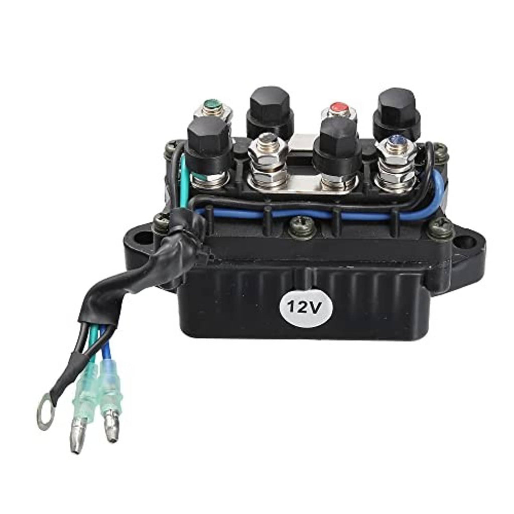 Outboard trim relay, black plastic case with four stud terminals and 12V label