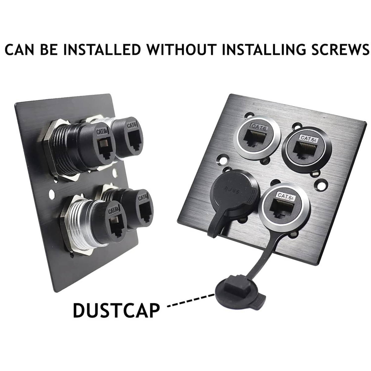 Black CAT6 RJ45 panel-mount couplers on mounting plate with dust cap
