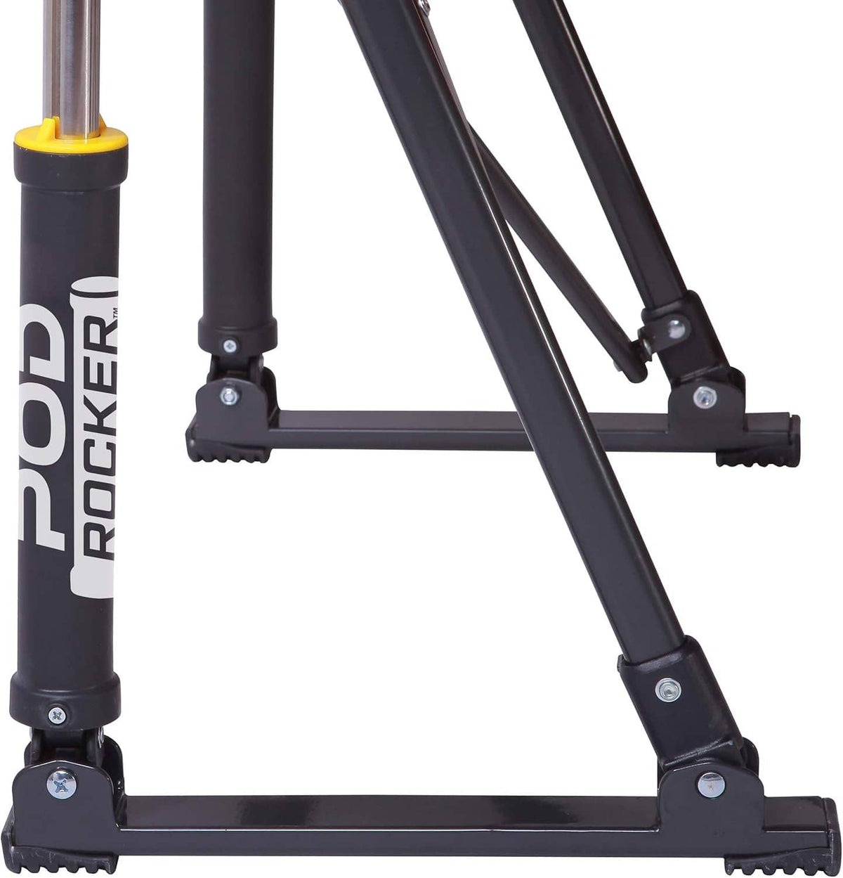 Black metal folding rocker frame with adjustable legs and foot pads