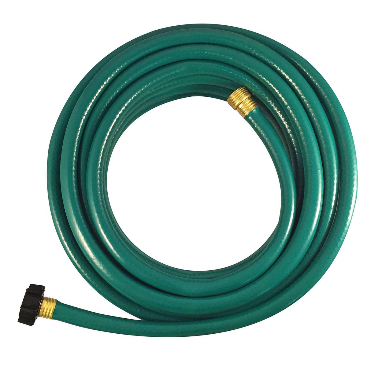 Coiled green garden hose loop, brass fitting at left end