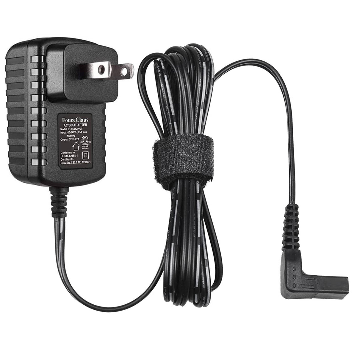 Black power adapter charger with cable and two-pin wall plug