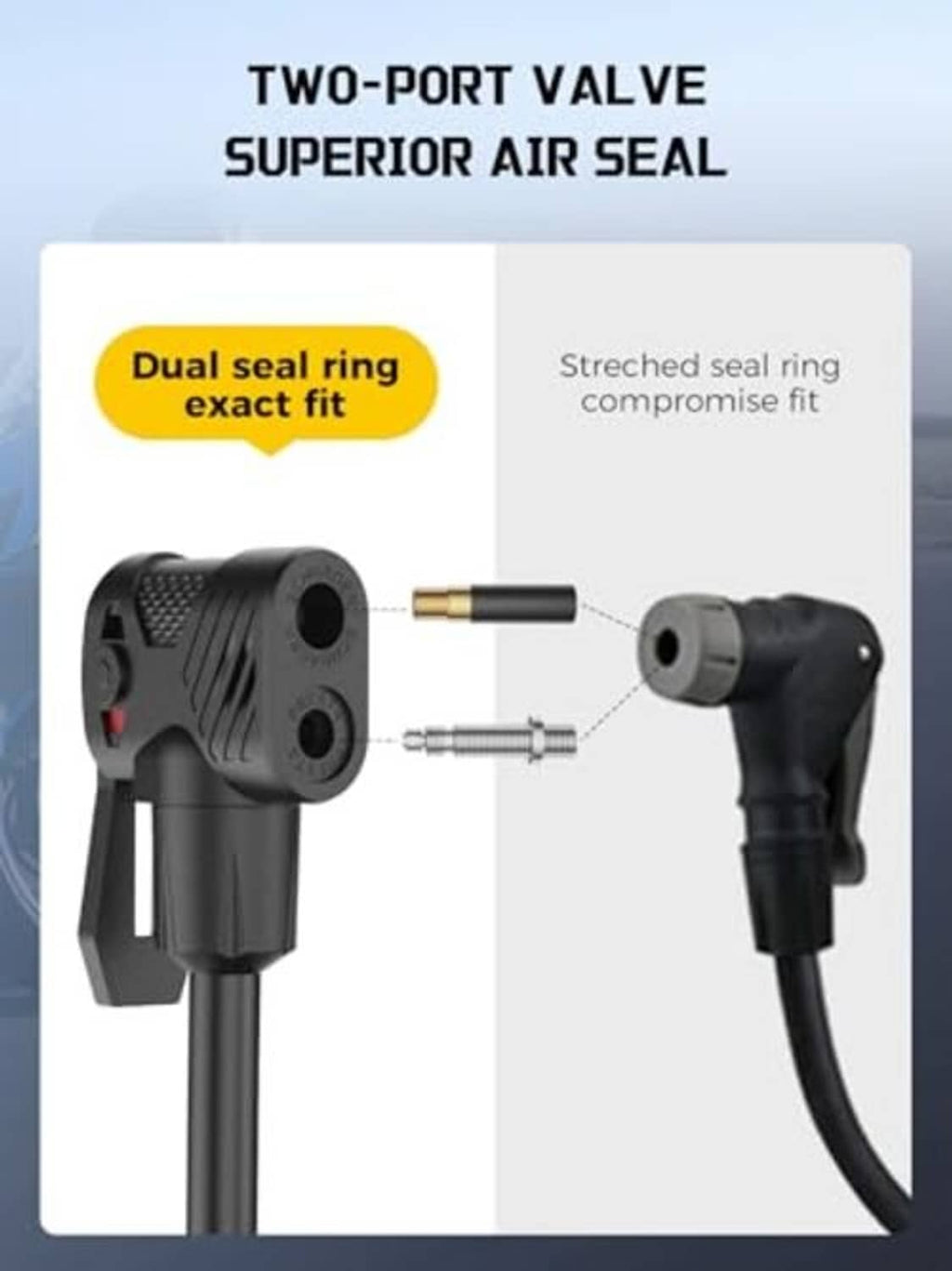 Dual-port valve adaptor with two seal fittings and air nozzle, black plastic body