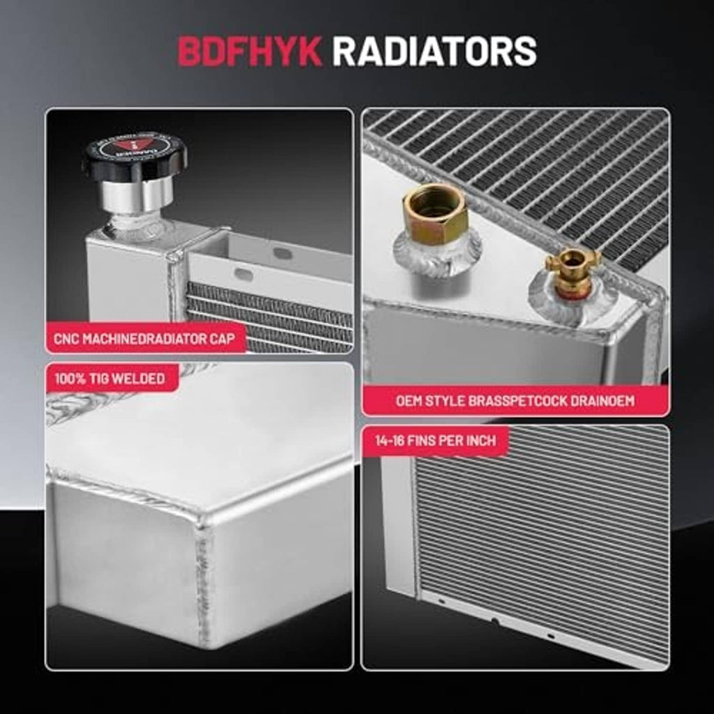 Aluminum radiator with brass drain fittings and visible welded end corner