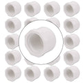 White 3/4 inch PVC female pipe end caps, shown in a group