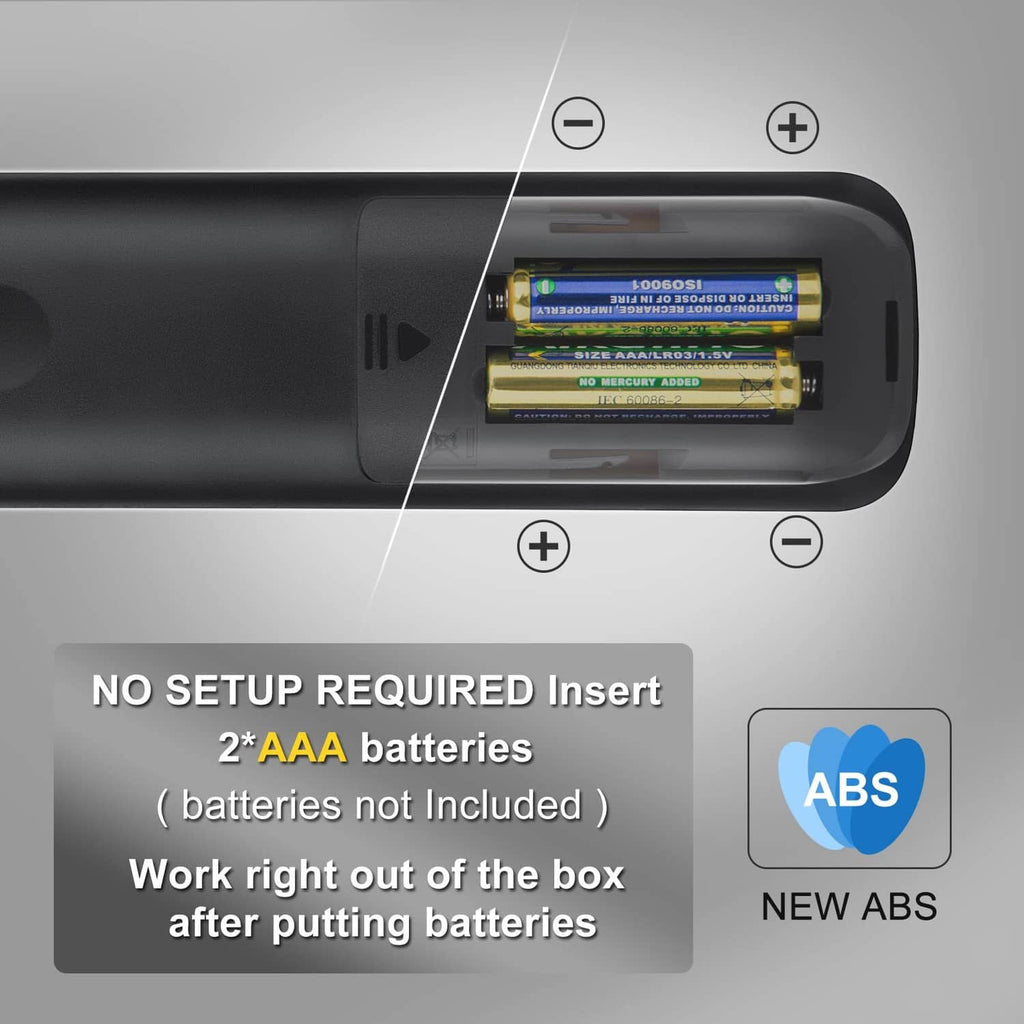 Black TV remote control with battery compartment view and visible plus/minus access points