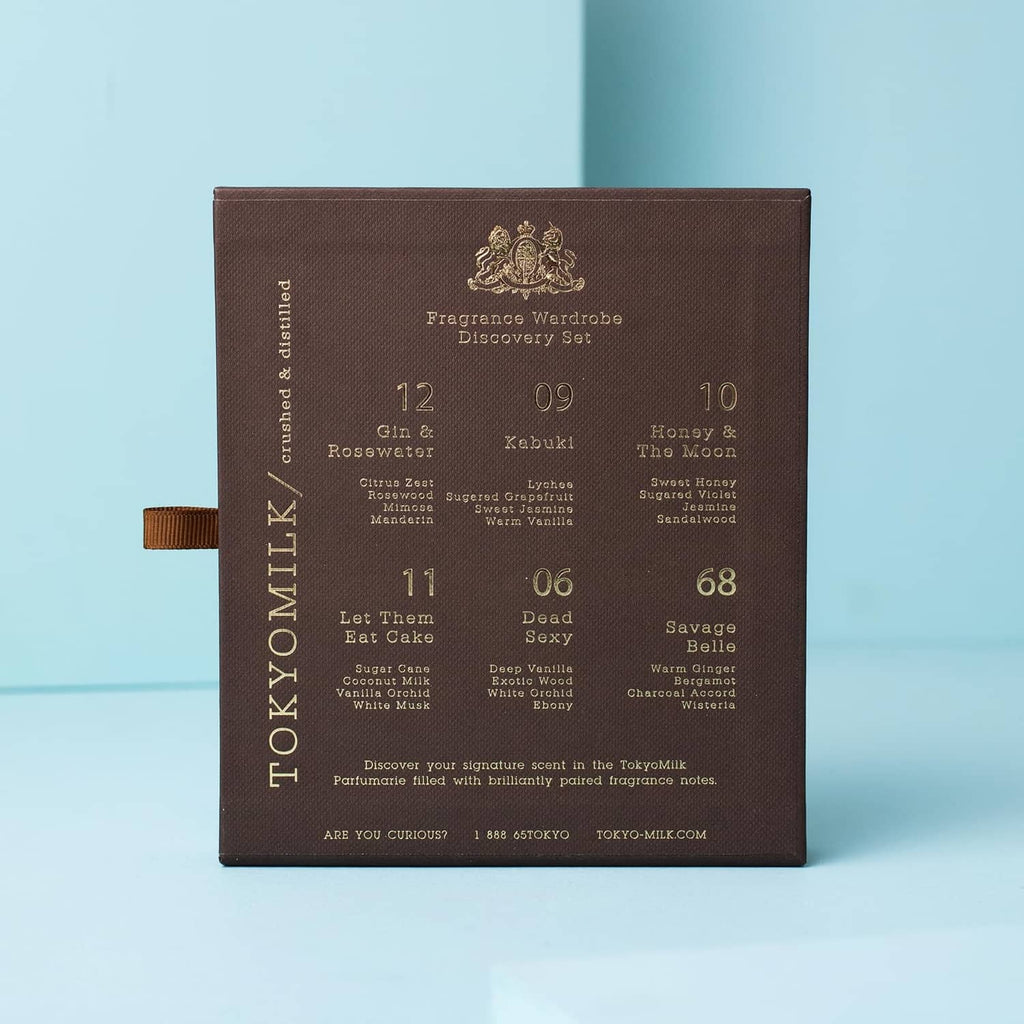 Back of TOKYOMILK perfume wardrobe discovery set box with fragrance list and numbers