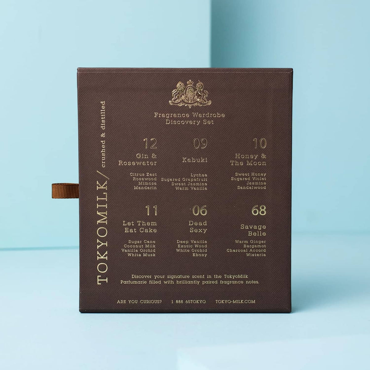 Back of TOKYOMILK perfume wardrobe discovery set box with fragrance list and numbers