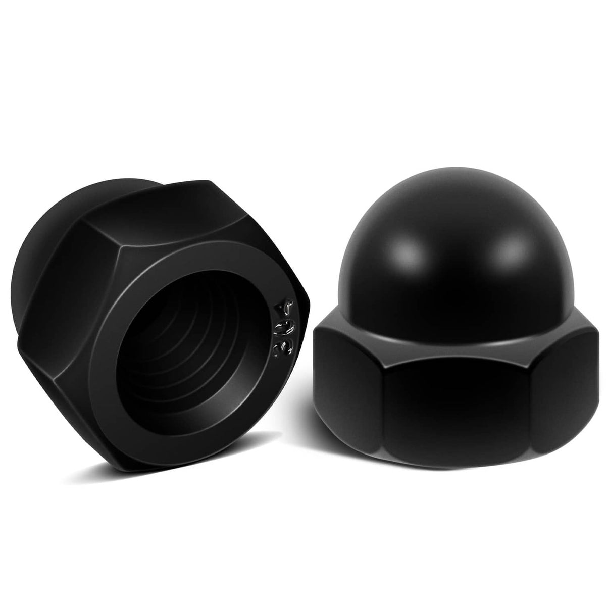 Black acorn cap nut pair with hex base and threaded opening