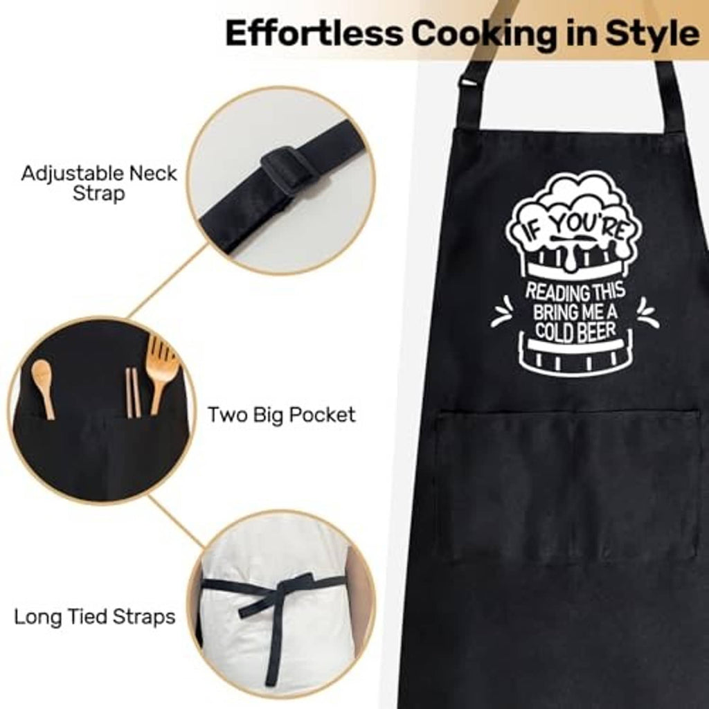 Black BBQ apron with adjustable neck strap, long ties, and beer quote logo