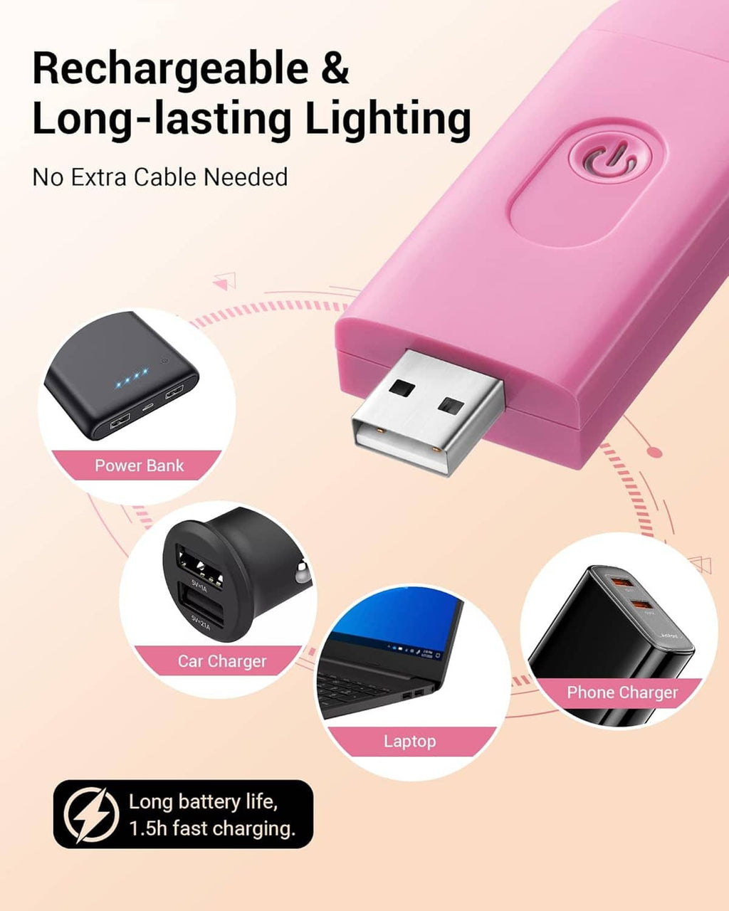 Pink rechargeable LED book light with USB charging connector