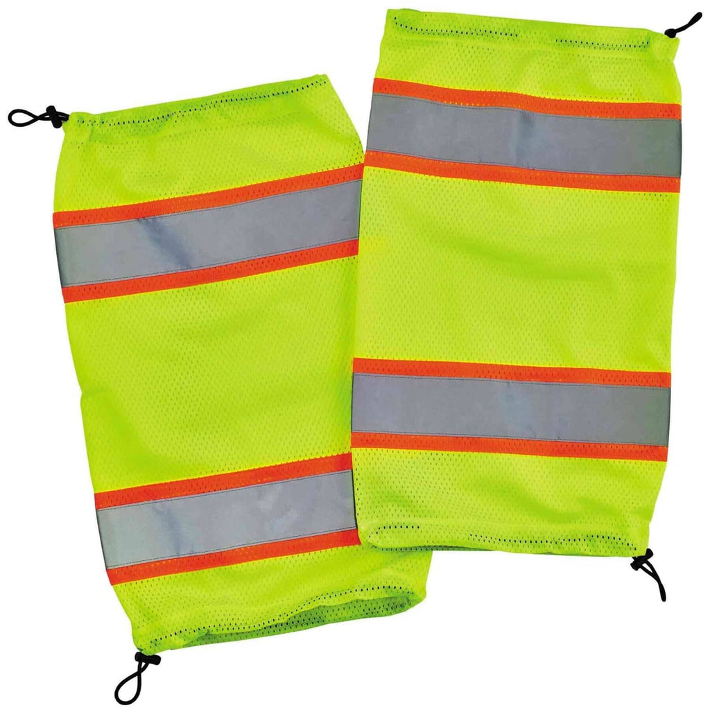 Breathable lime mesh leg gaiters with orange reflective bands and black drawstring ties