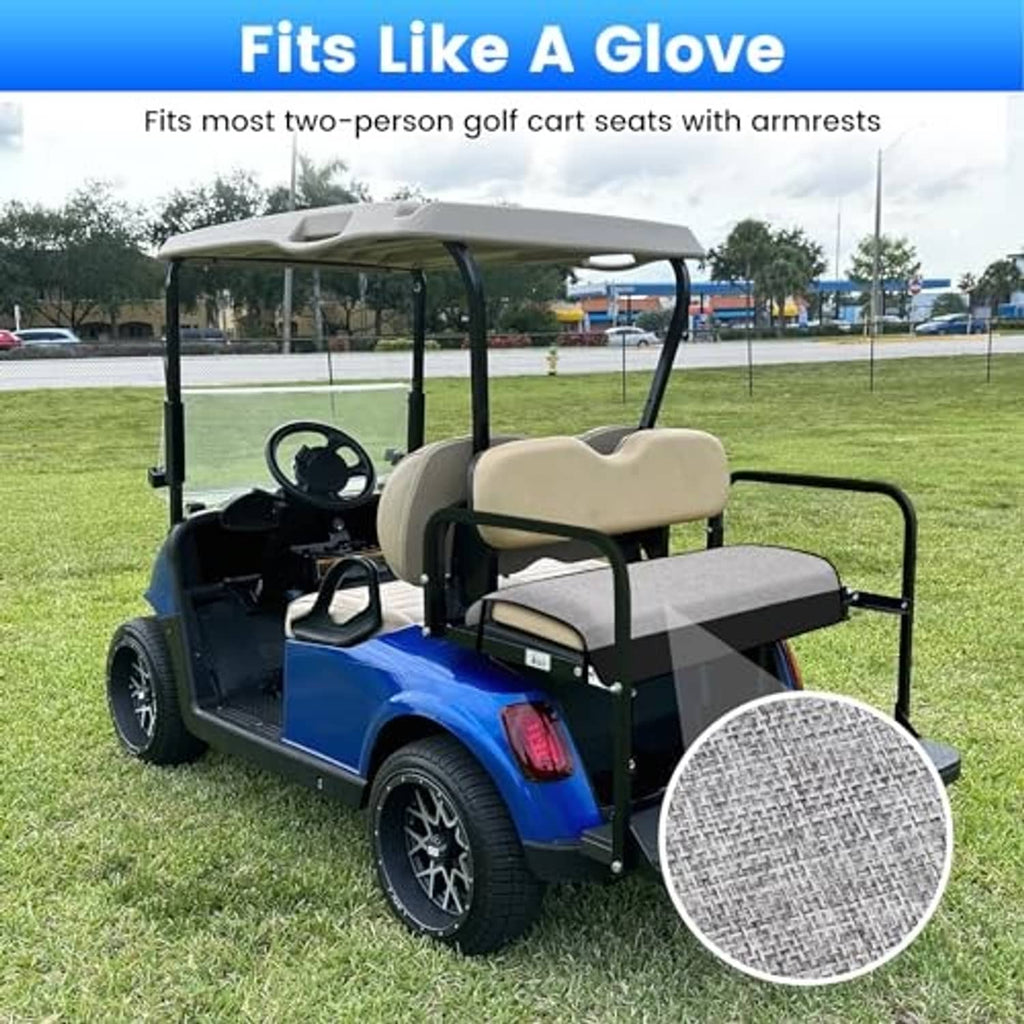Two-person golf cart seat cover set in beige and gray with armrest openings