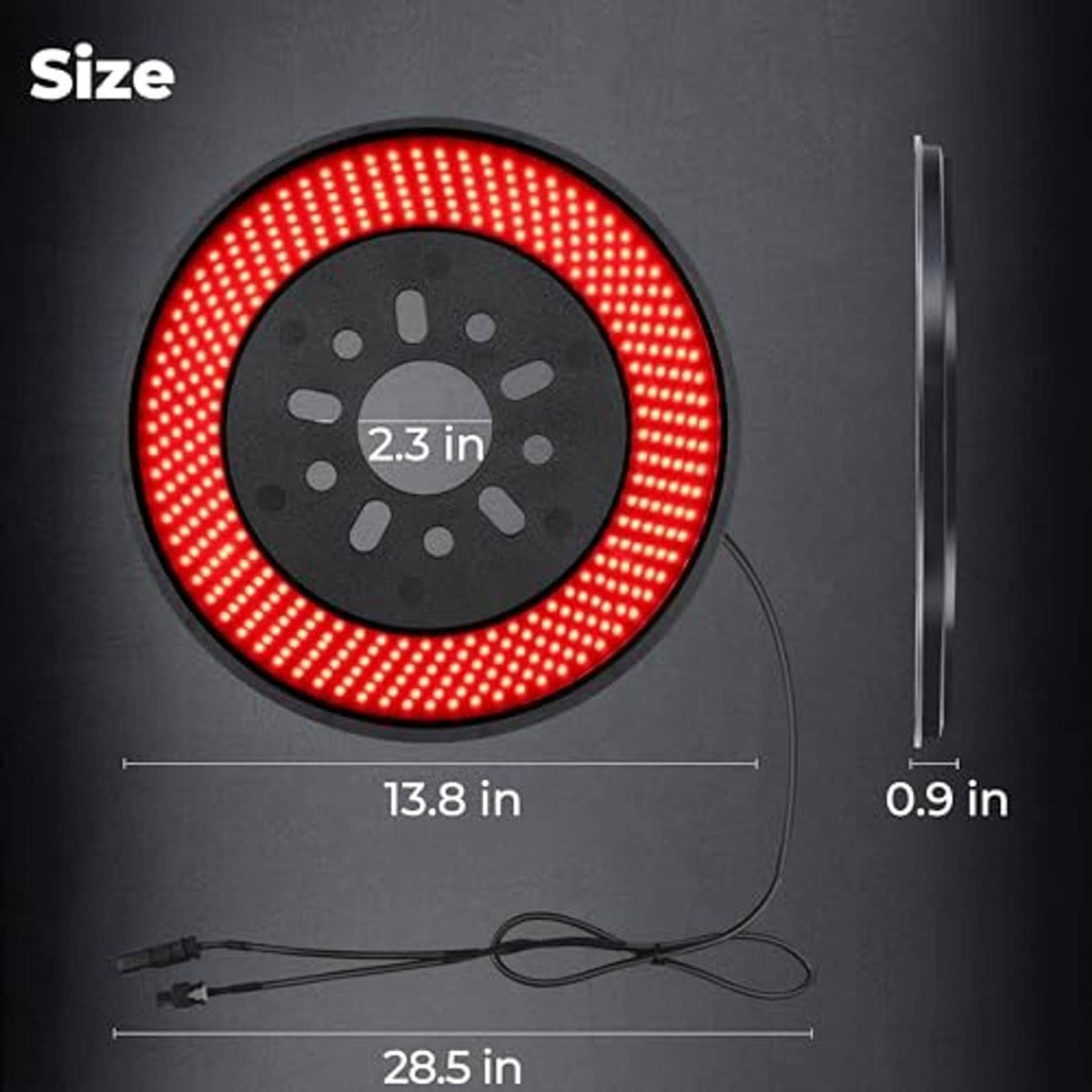 Spare-tire LED brake light with red ring; measurement guide and slim cable leads.