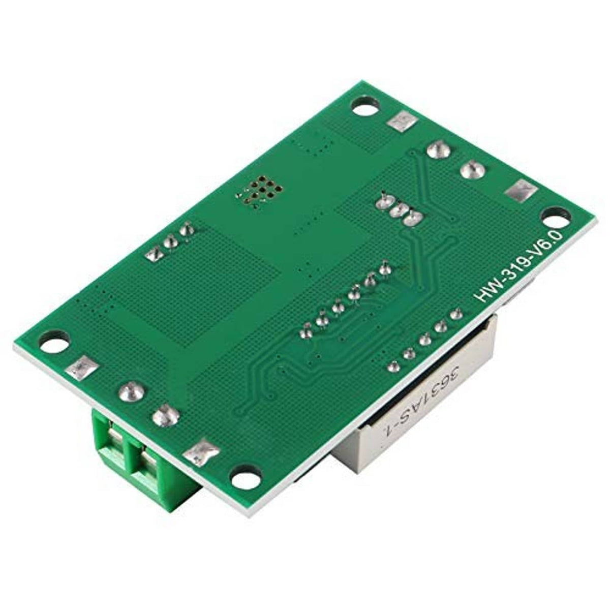 Green LM2596 step-down regulator PCB back side with mounting holes and solder pads