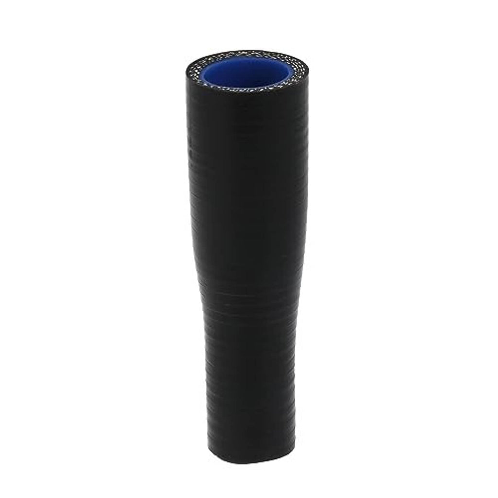 Black rubber hose reducer with blue inner opening, embossed logo near center