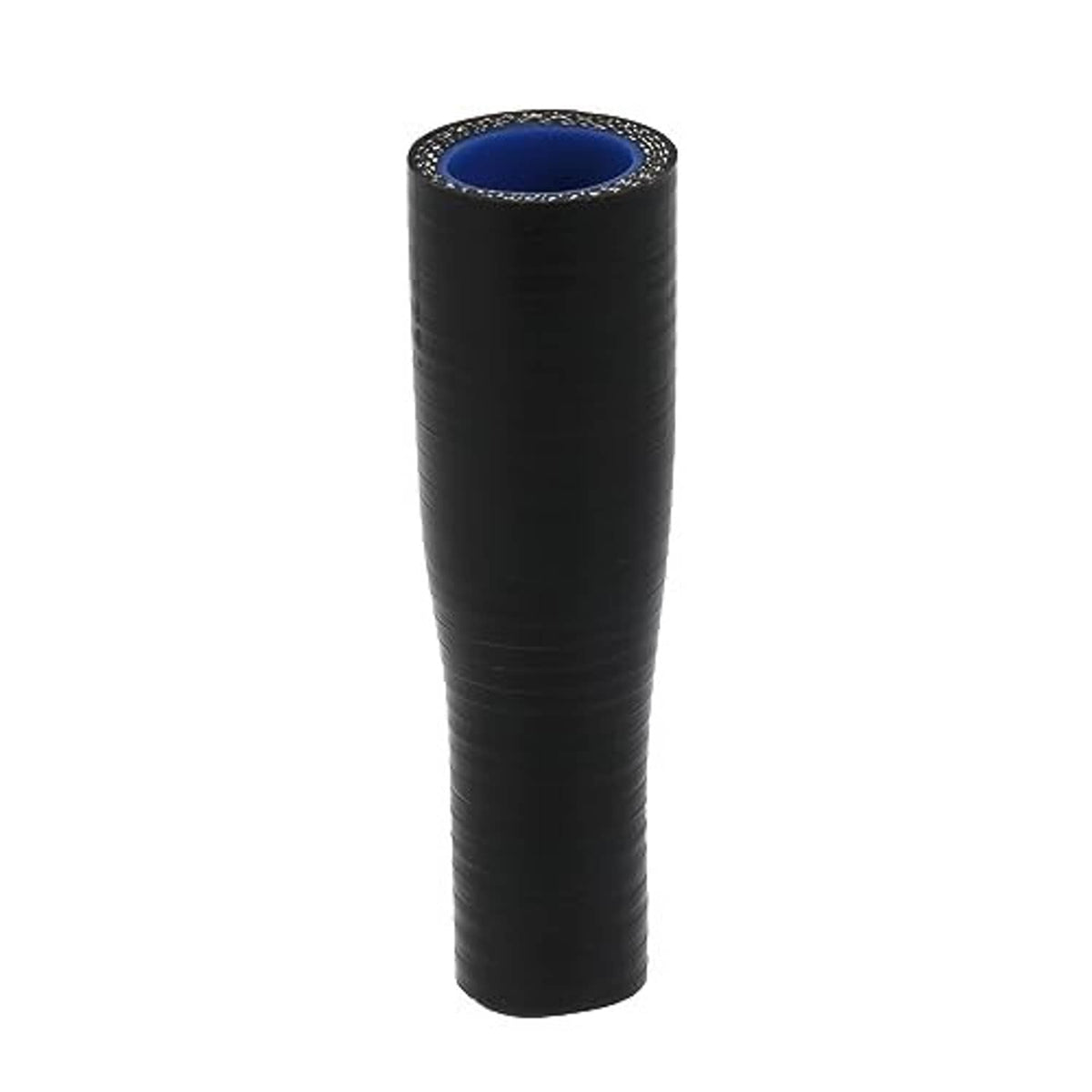 Black rubber hose reducer with blue inner opening, embossed logo near center