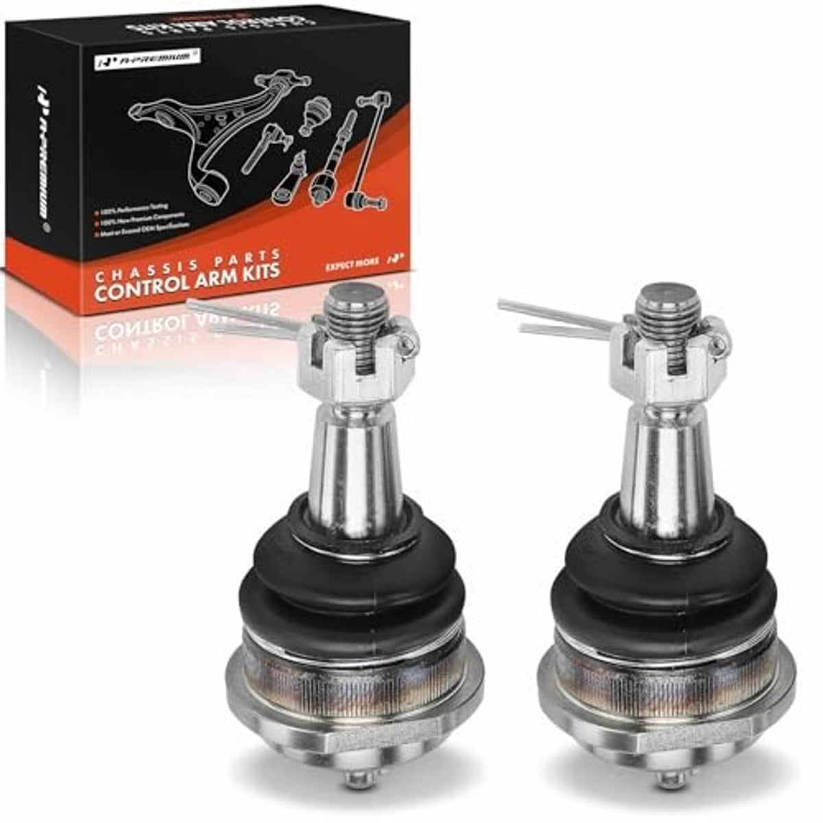 Chassis control arm kits packaging with two chrome upper ball joints and black dust boots