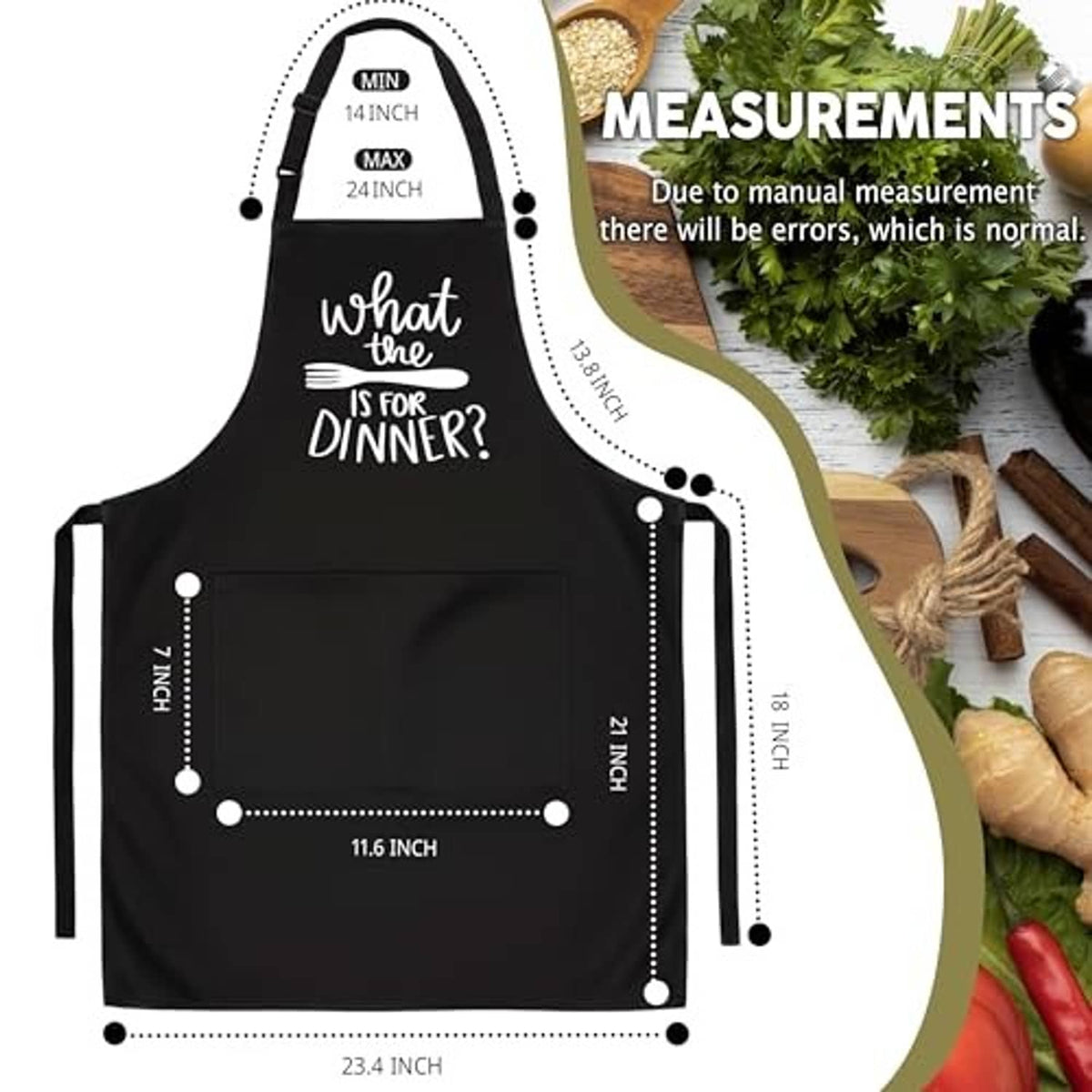 Black apron diagram with size measurement markings and “What the is for dinner?” print