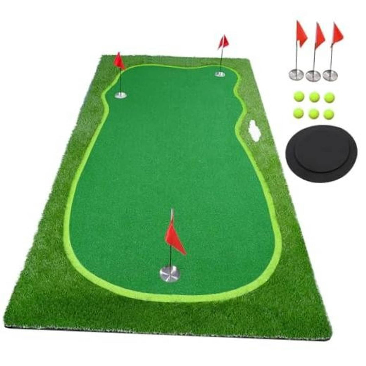 Green golf putting green mat with red flags and target holes, 5x10ft training surface
