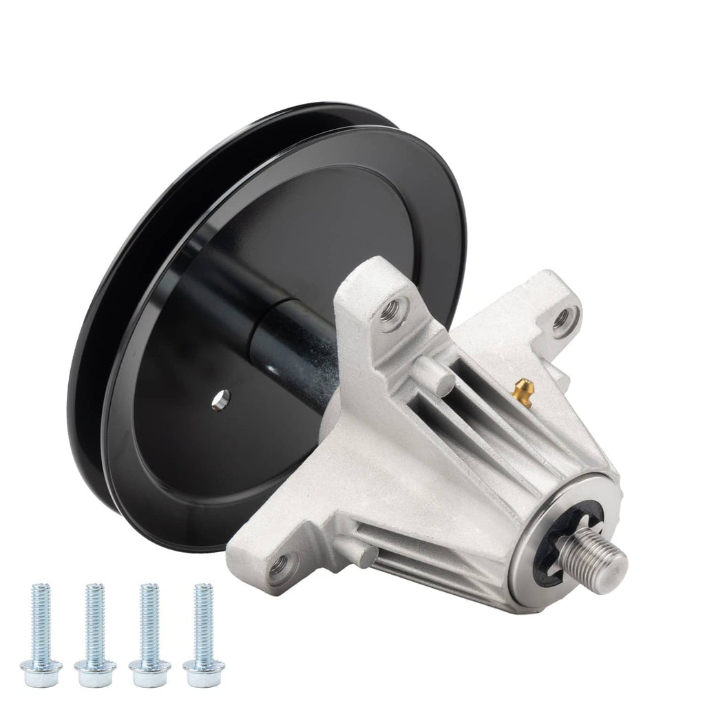 Mower spindle assembly side view: black pulley, silver housing, and mounting holes