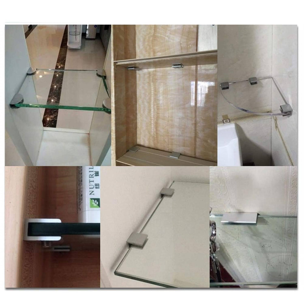 Square black glass shelf clamp clips holding clear glass panels