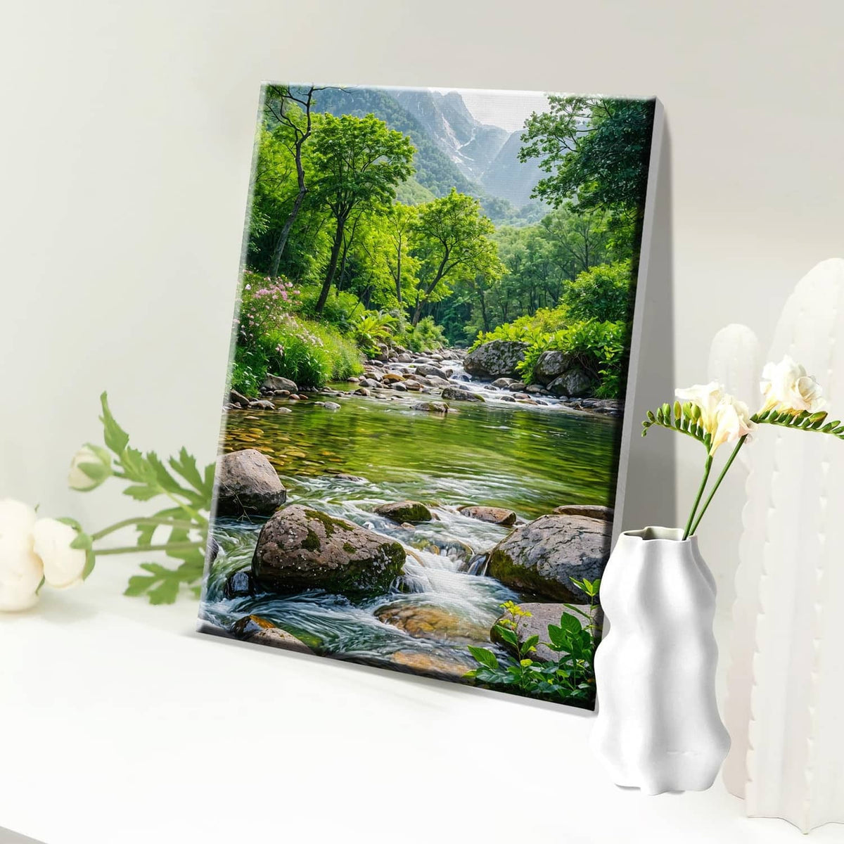 Landscape paint-by-number canvas showing a river and dense green forest