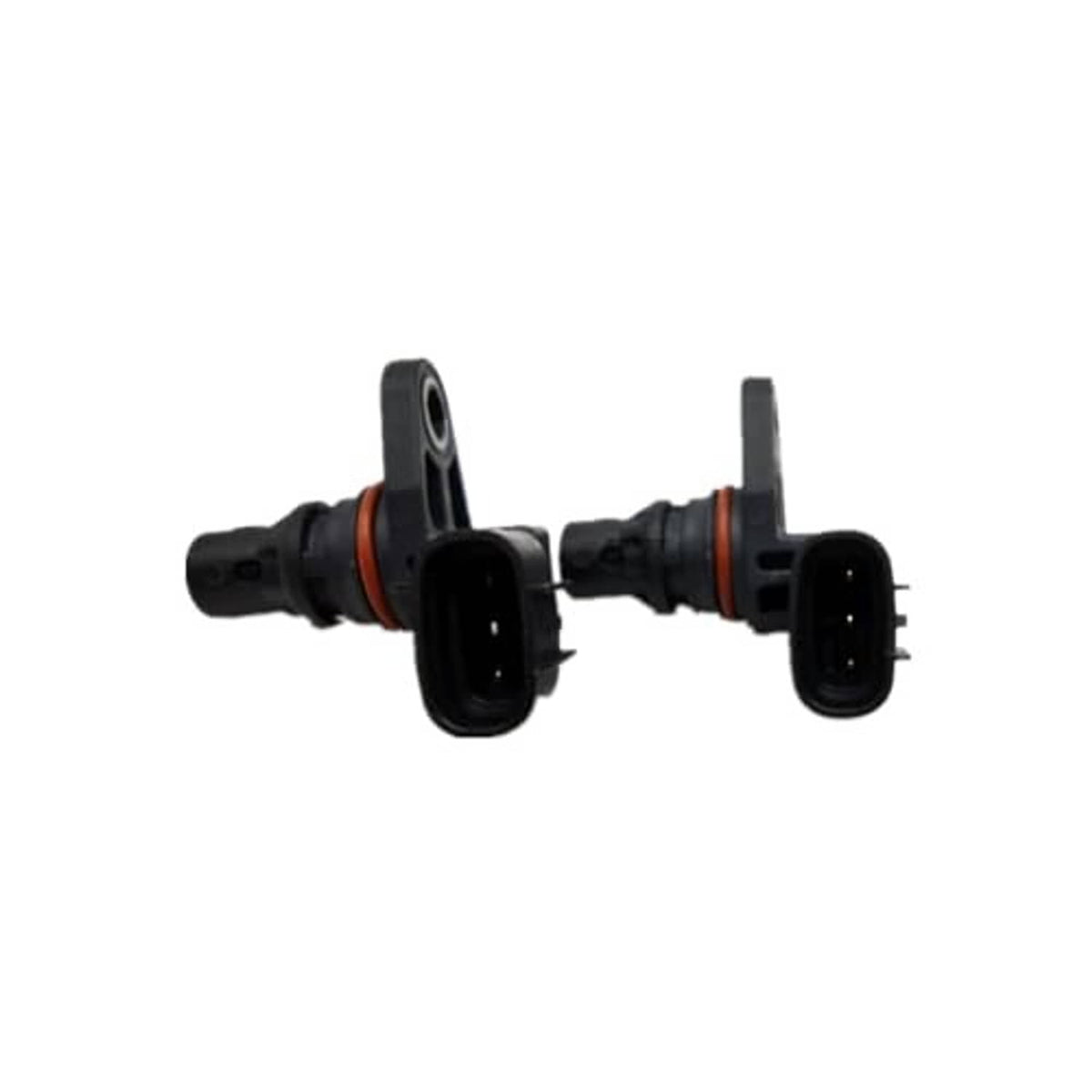 Pair of camshaft position sensors, black housings with orange seal rings, front view
