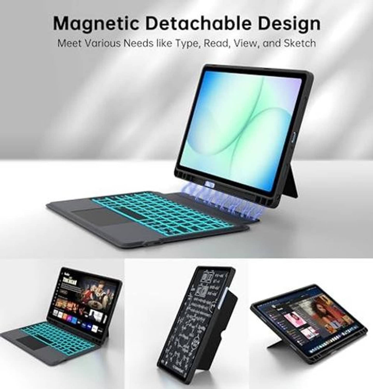 Black magnetic detachable keyboard case with teal backlit keys and stand