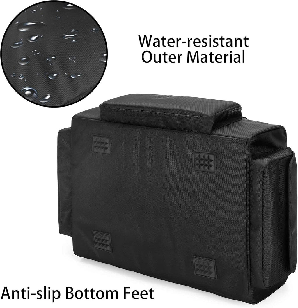 Black under-seat storage bag with raised anti-slip bottom feet and padded top
