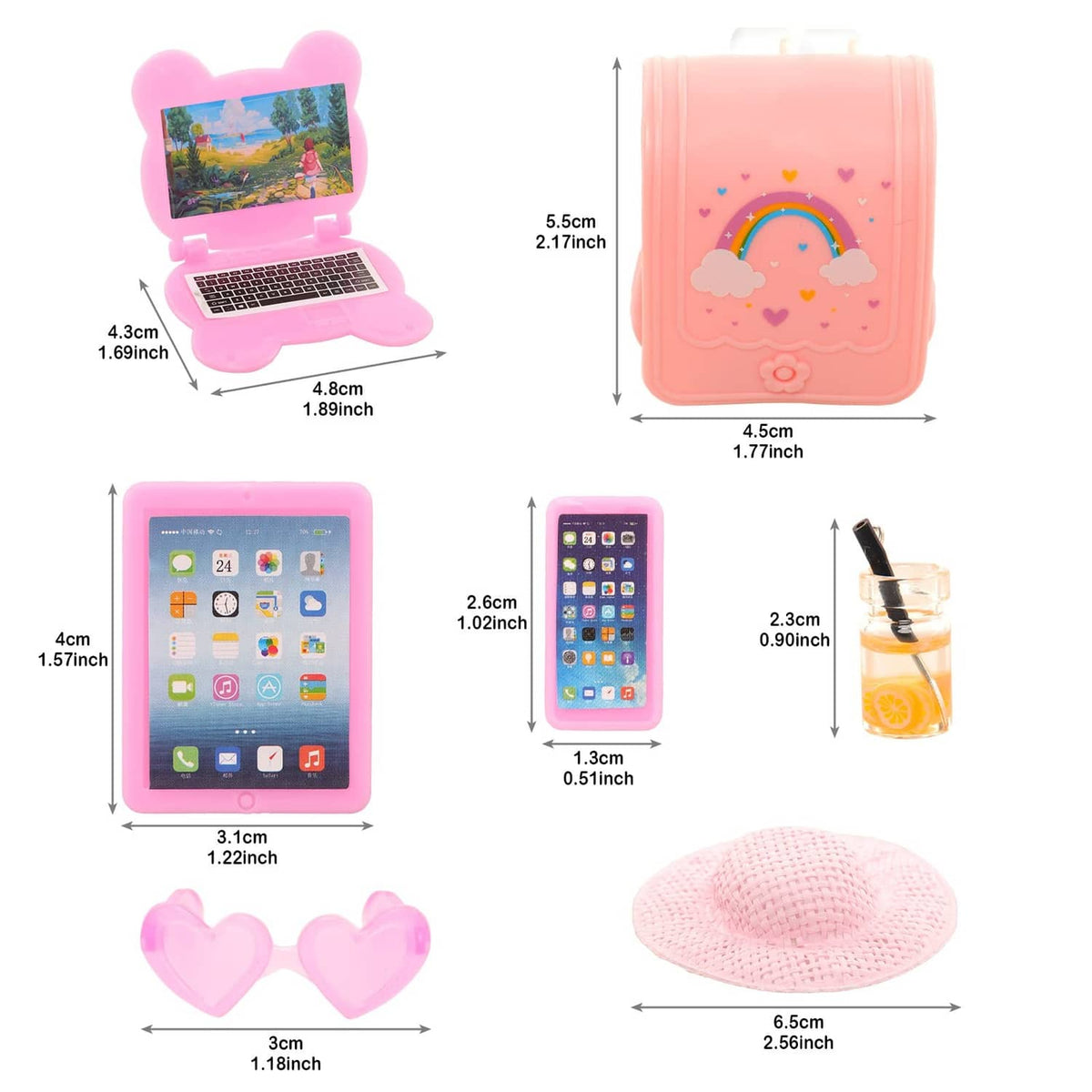 Mini doll electronics set: tablet, laptop, heart accessories, and pink beret