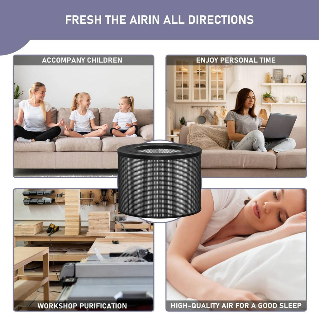 Round black HEPA filter cartridge with fine mesh sides placed upright
